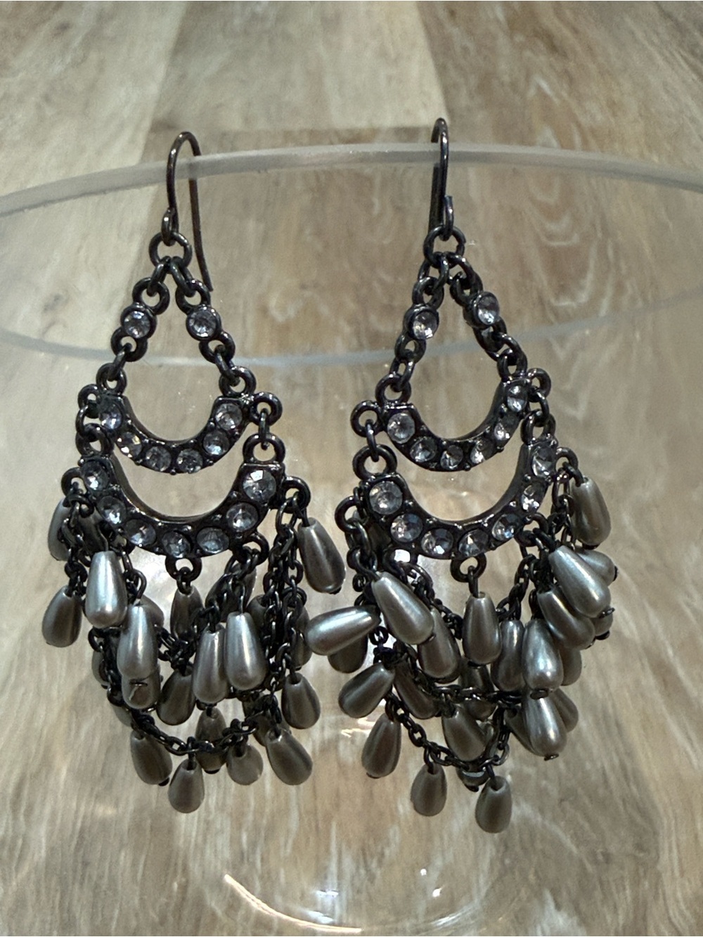 Vintage White House Black Market Gunmetal Filigree Gray Pearl Chandelier Earring